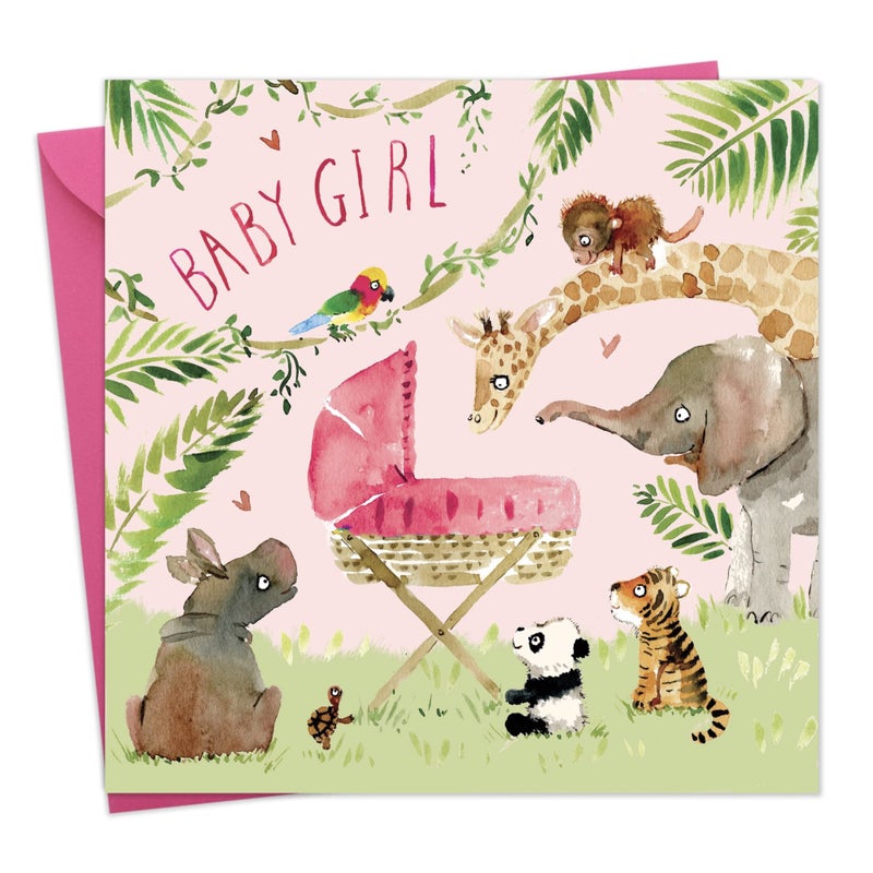 Twizler New Baby Girl Card with Pink Crib and Jungle Animals - Congrats, 6.1 x 6.1 in - Image 1